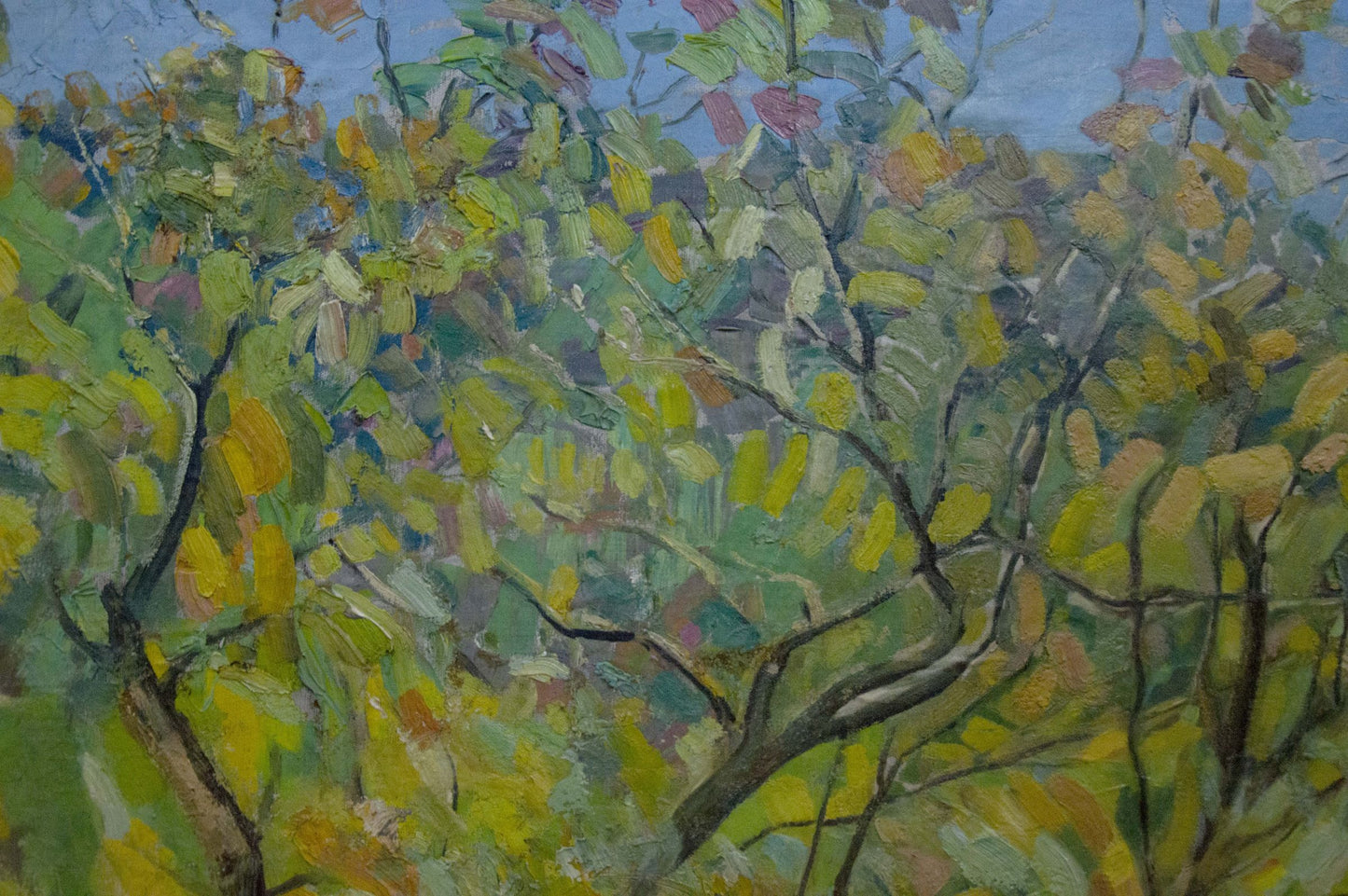 Vibrant impressionist oil painting At the village tree with lush green yellow leaves blue sky