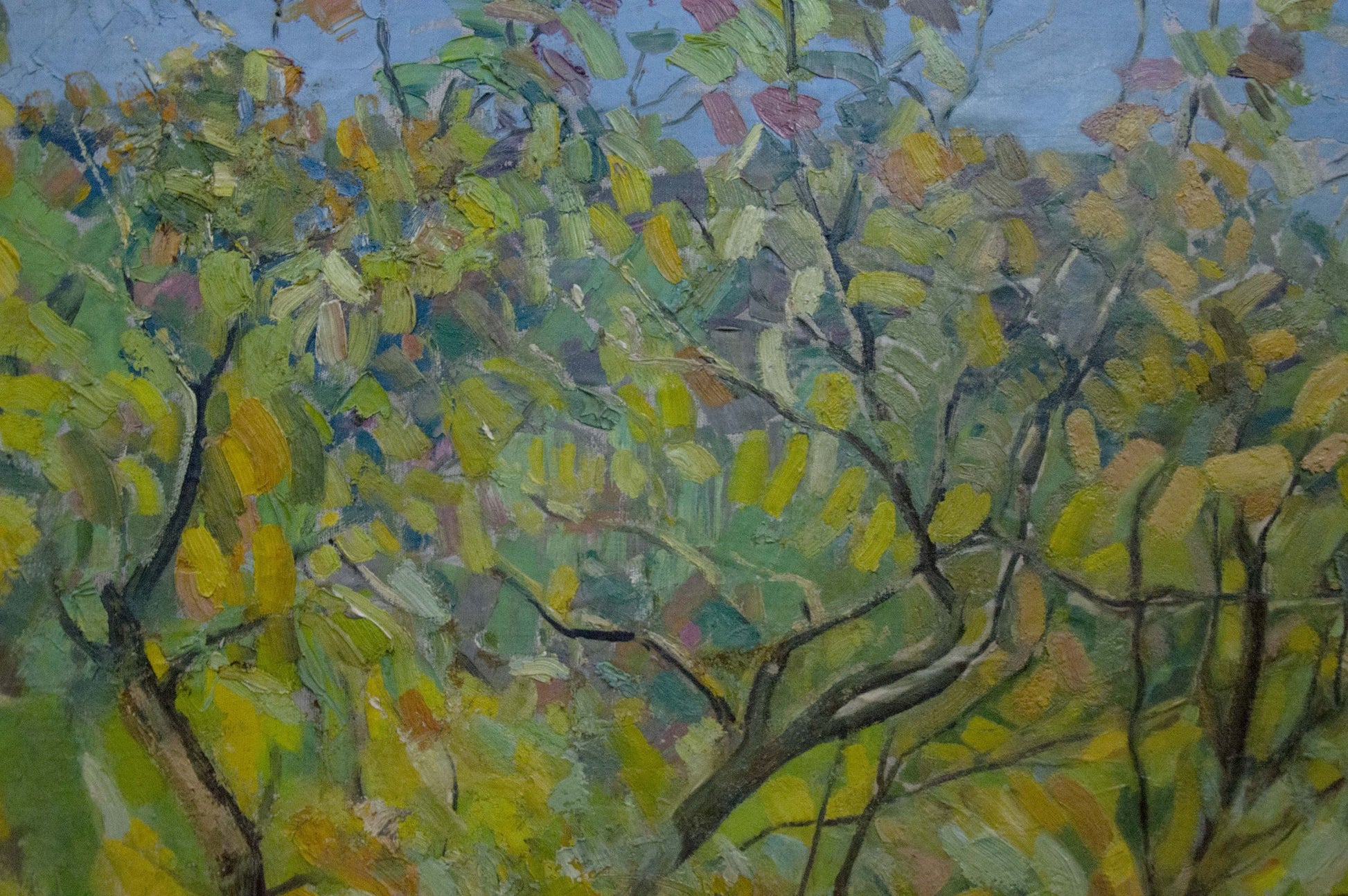 Vibrant impressionist oil painting At the village tree with lush green yellow leaves blue sky