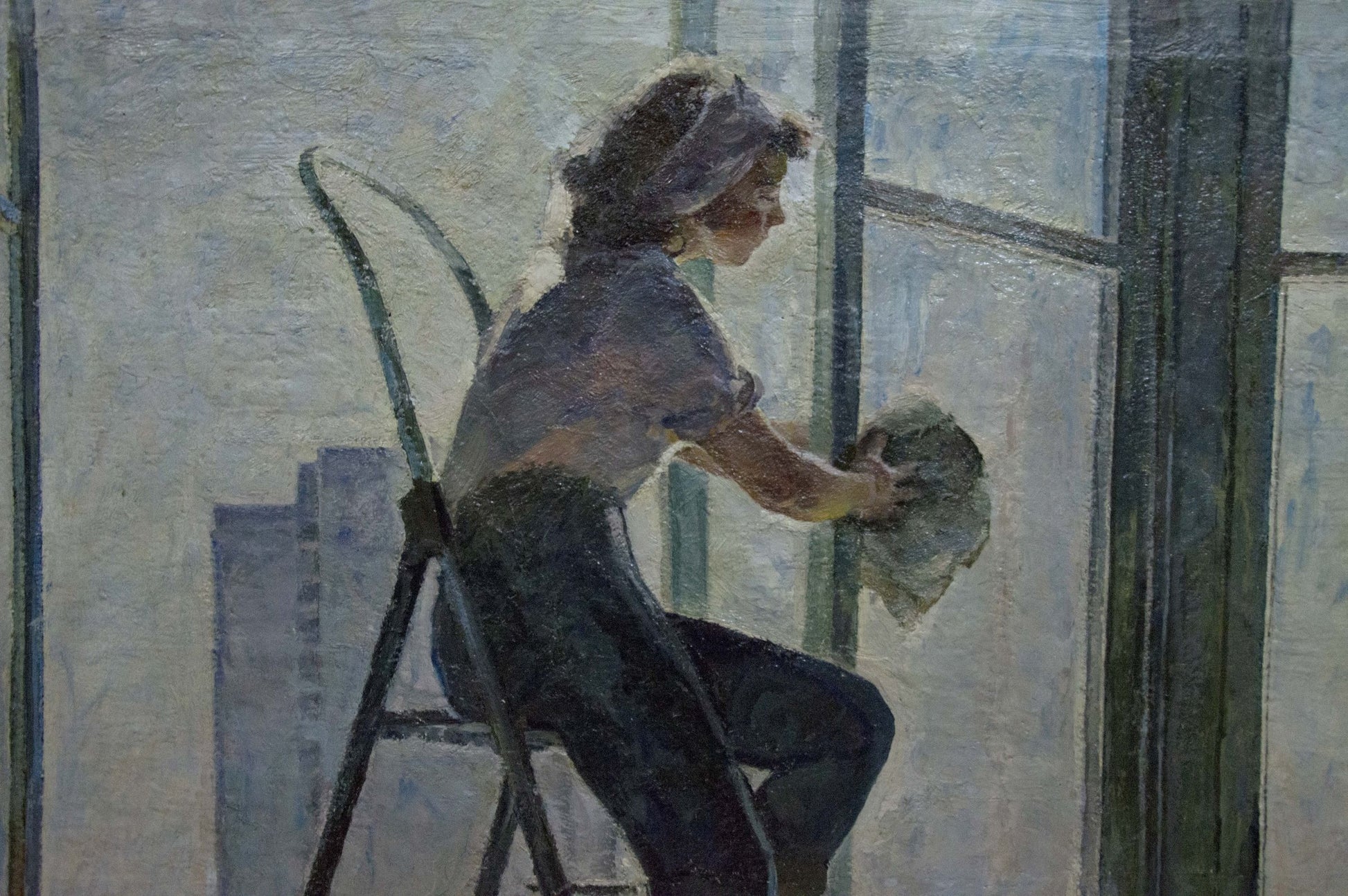 Oil painting of girl in gray blouse washing window on ladder