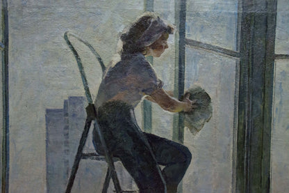 Oil painting of girl in gray blouse washing window on ladder