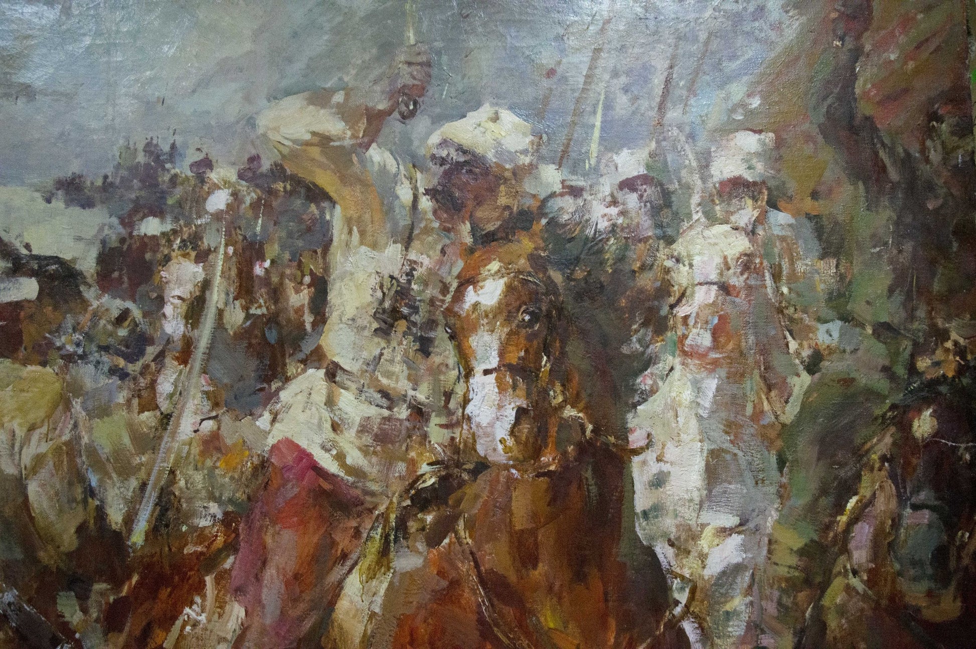 Oil painting of cavalry charge by Mikhail Stepanovich Rybnikov
