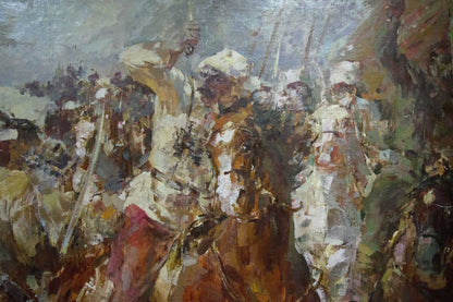 Oil painting of cavalry charge by Mikhail Stepanovich Rybnikov