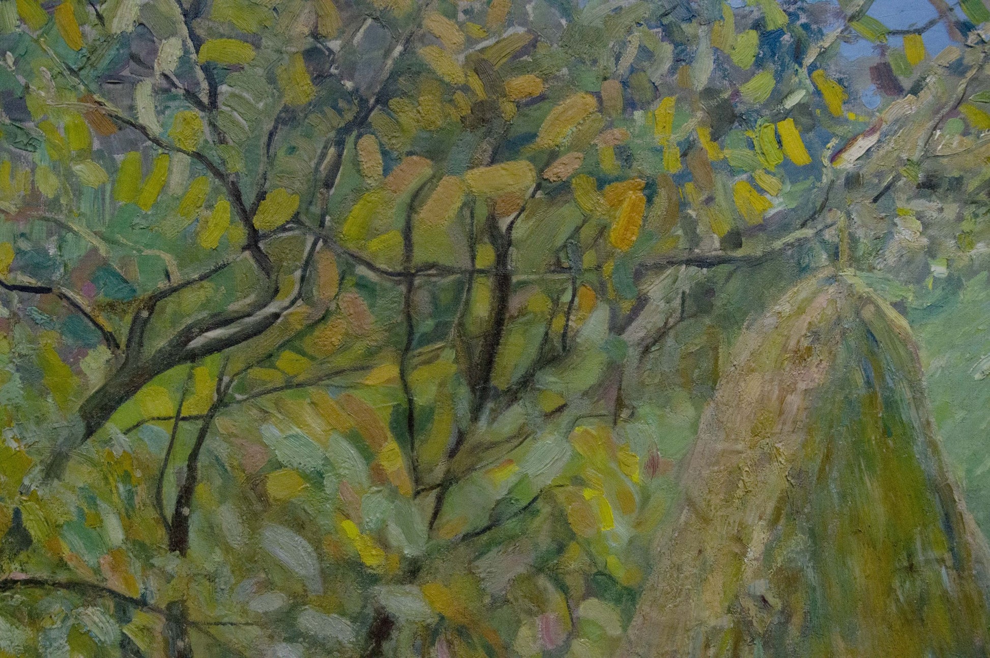 Oil painting At the village: textured tree with vibrant green yellow leaves blue sky