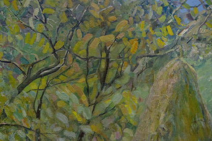 Oil painting At the village: textured tree with vibrant green yellow leaves blue sky