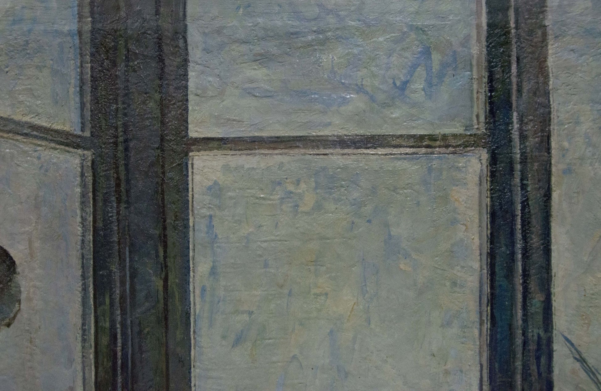 Impressionistic oil painting of girl washing textured window