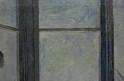 Impressionistic oil painting of girl washing textured window