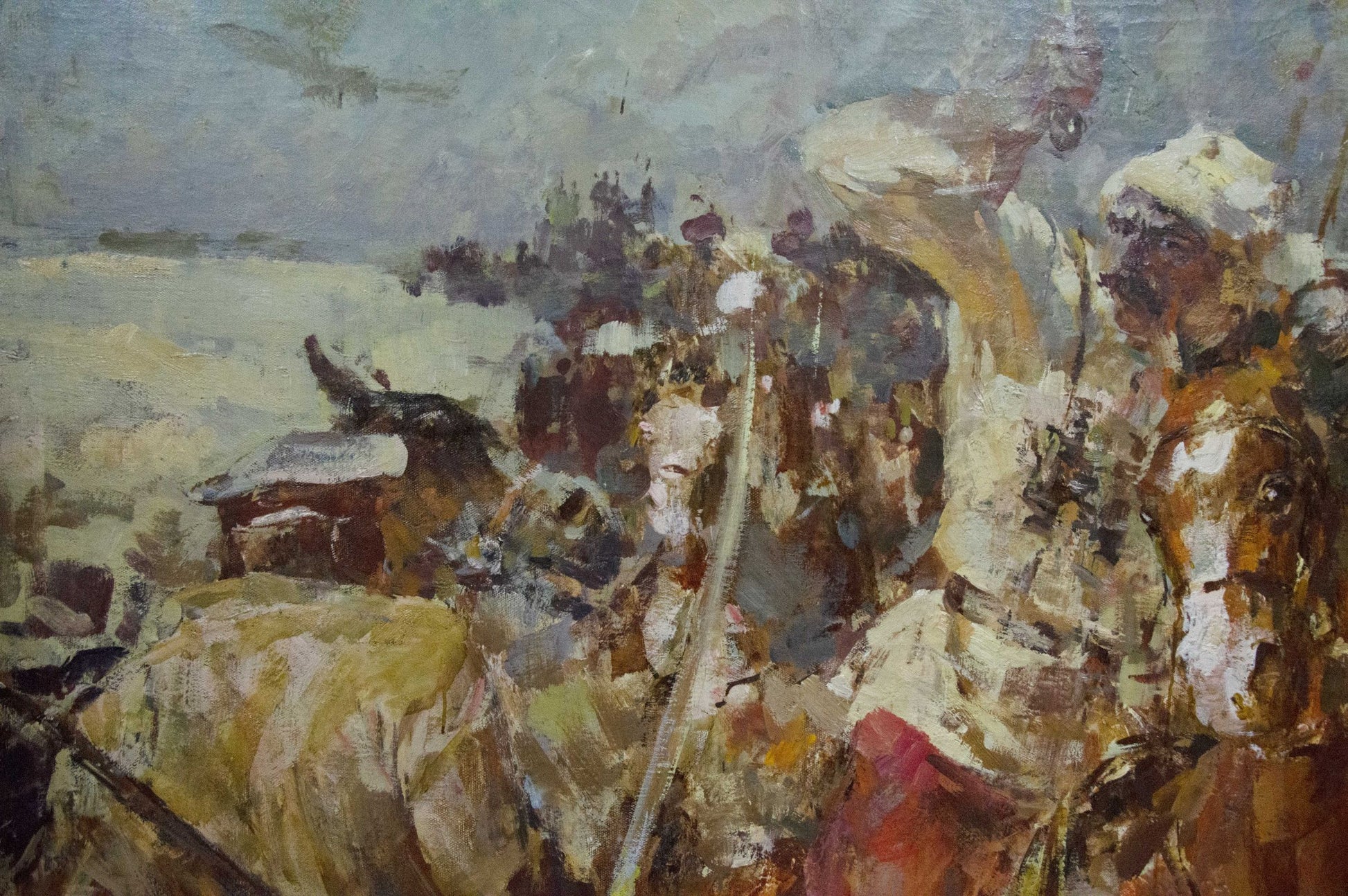 Oil painting of soldiers in battle by Mikhail Stepanovich Rybnikov