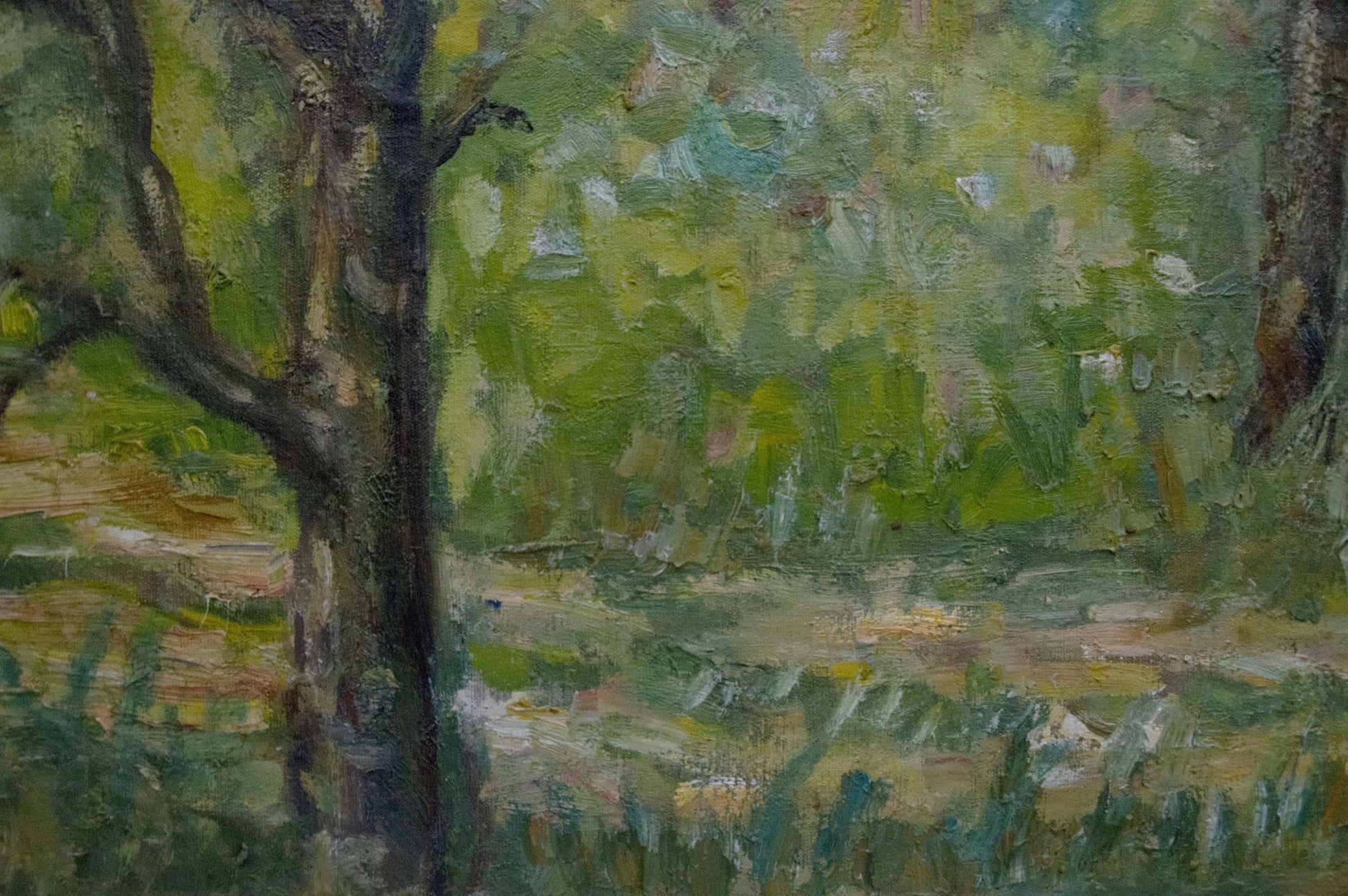 Oil painting At the village textured tree with dark bark and green foliage