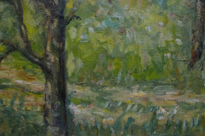 Oil painting At the village textured tree with dark bark and green foliage