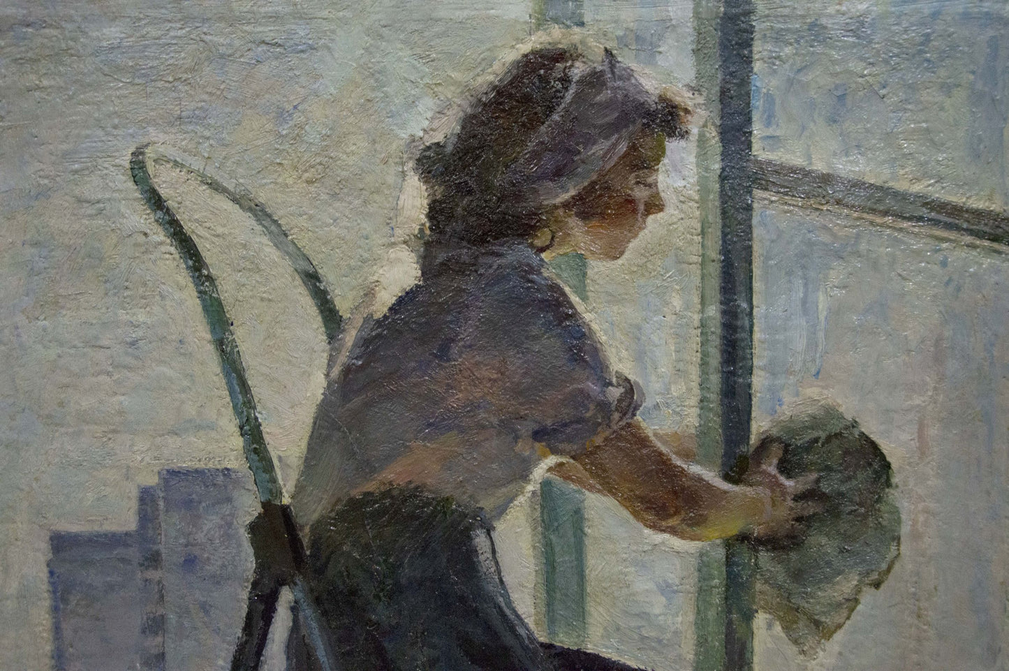 Back view of woman in blue dress and hat washing window, oil painting