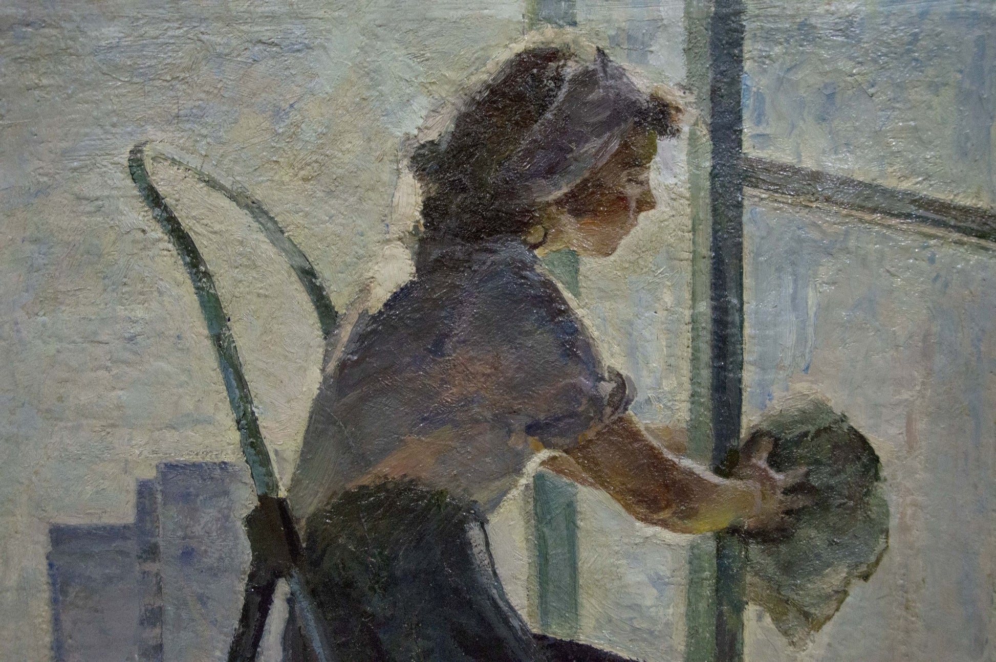 Back view of woman in blue dress and hat washing window, oil painting