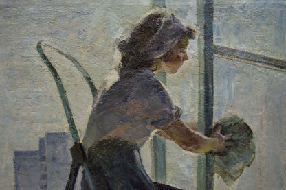 Back view of woman in blue dress and hat washing window, oil painting