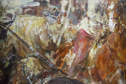 Oil painting of soldiers in battle by Mikhail Stepanovich Rybnikov