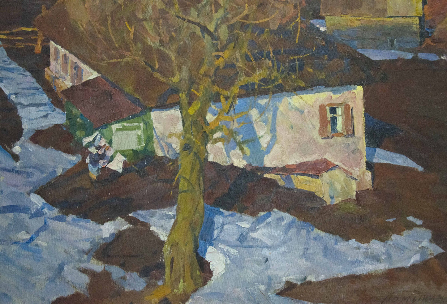 Oil painting Spring flood by Lomykin Konstantin Matveevich, rustic house in snow