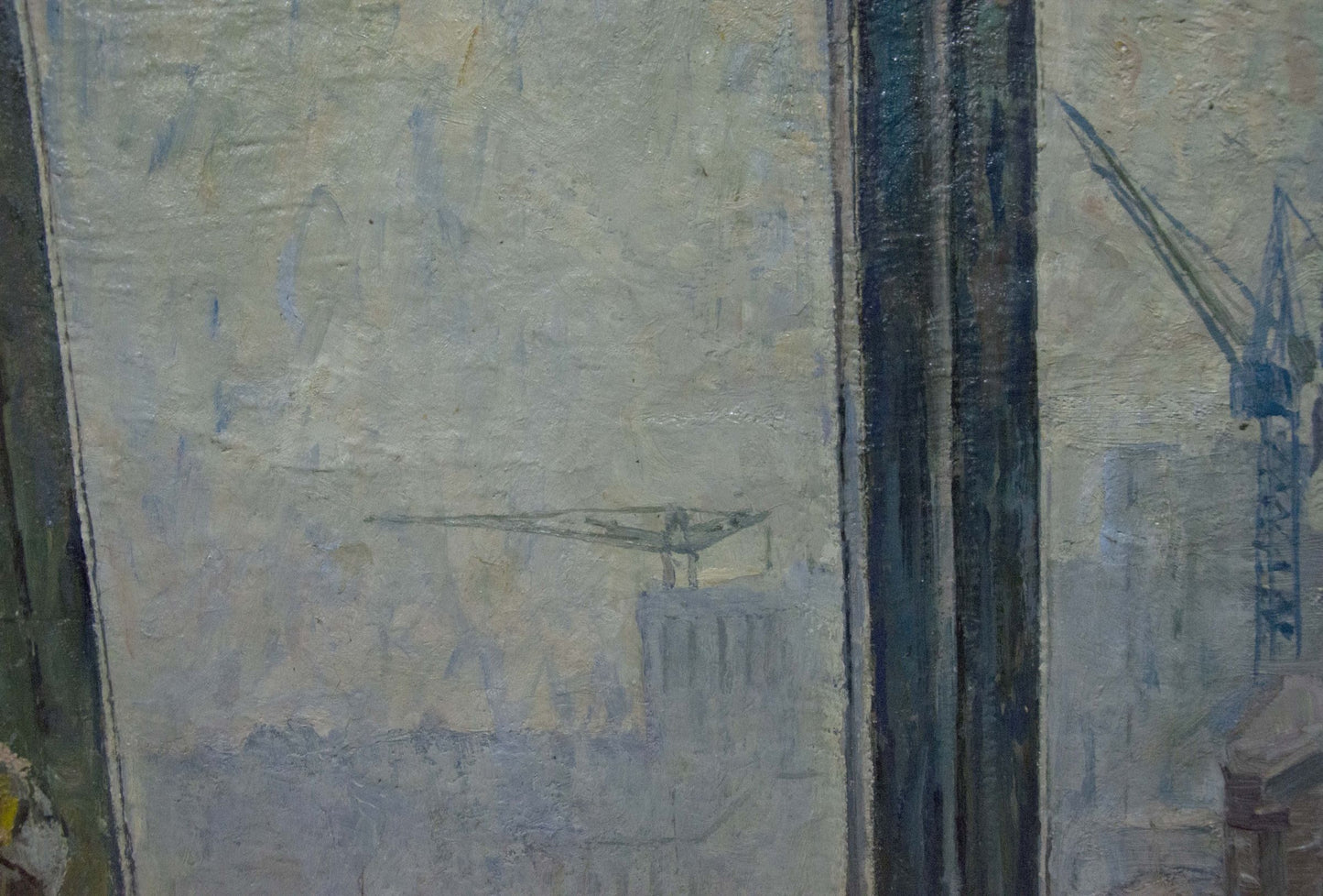 Muted blue gray oil painting of girl washing window with distant crane sky