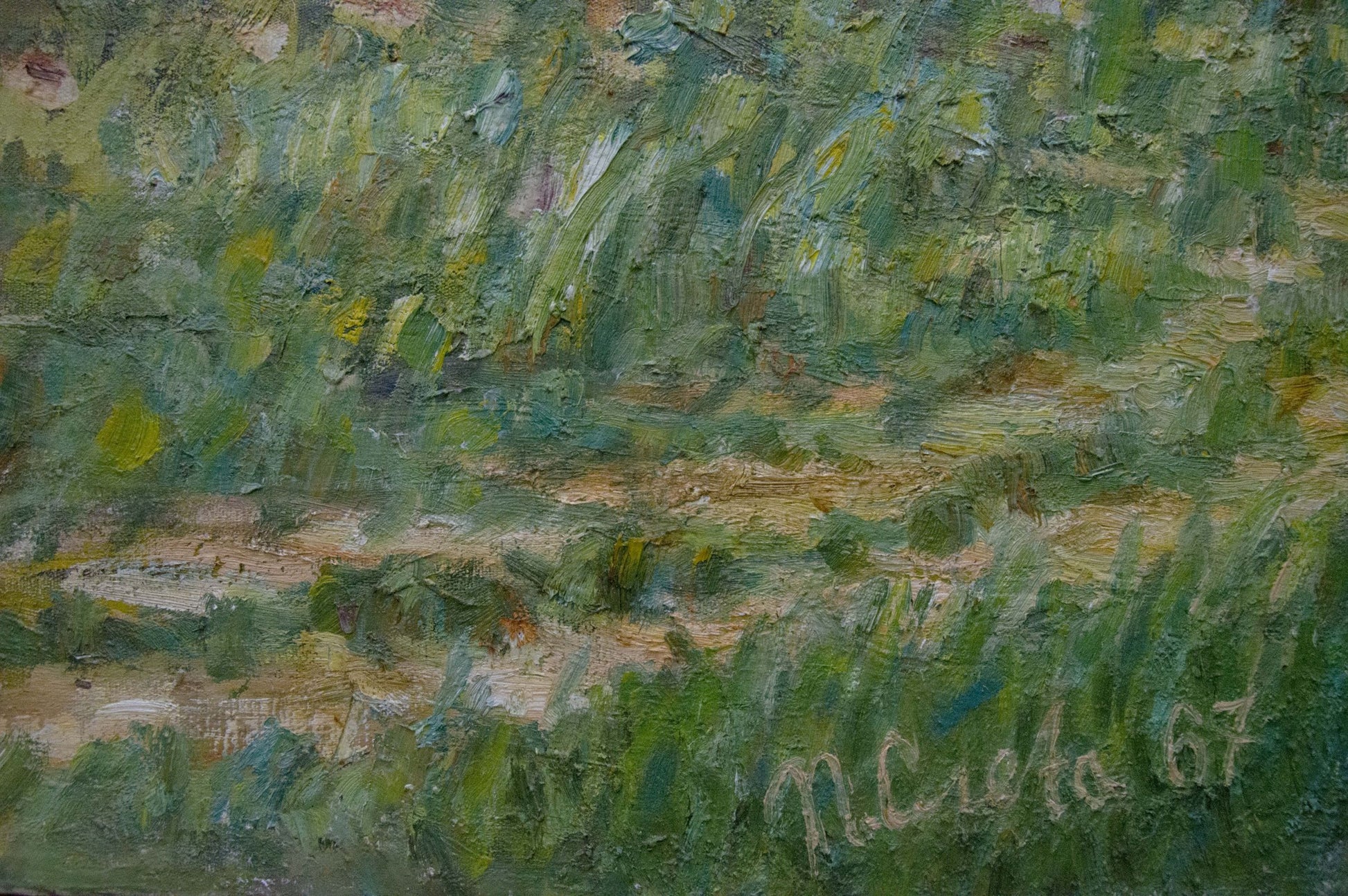 Oil painting At the village: lush impressionistic green landscape