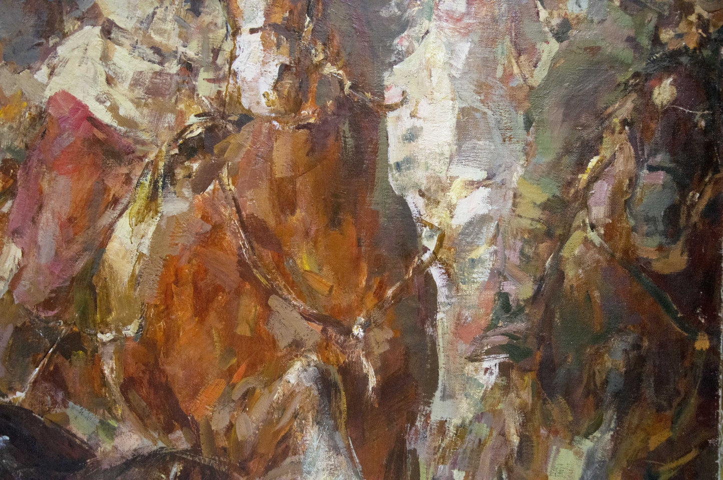 Textured impressionistic oil painting of soldiers in battle by Mikhail Stepanovich Rybnikov