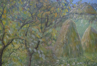 Oil painting At the village: tall conical hay bales in sunlit field under trees