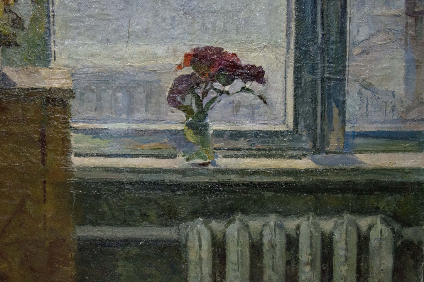 Oil painting of girl washing window with purple flowers in vase on sill
