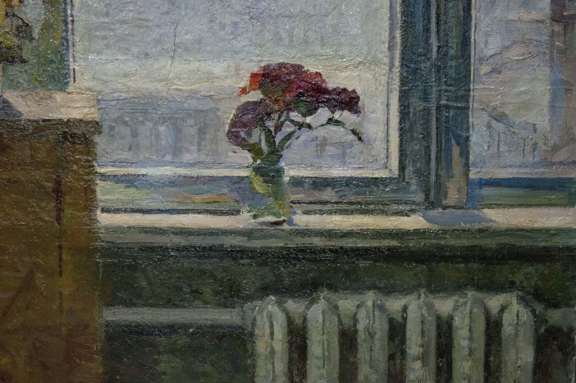 Oil painting of girl washing window with purple flowers in vase on sill