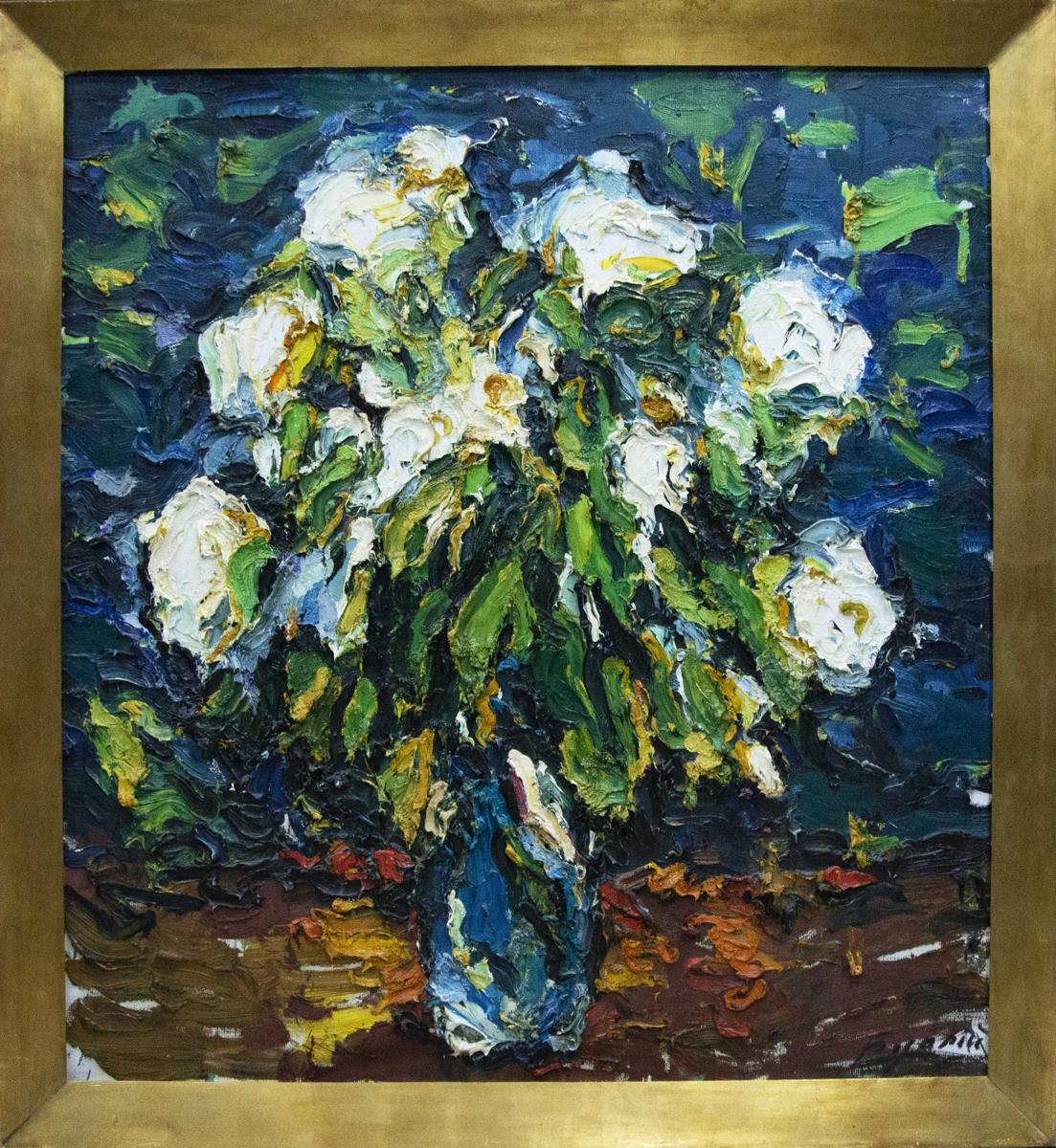 Vibrant impressionist oil painting of white roses in blue vase by Sergey Dupliy