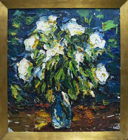 Vibrant impressionist oil painting of white roses in blue vase by Sergey Dupliy
