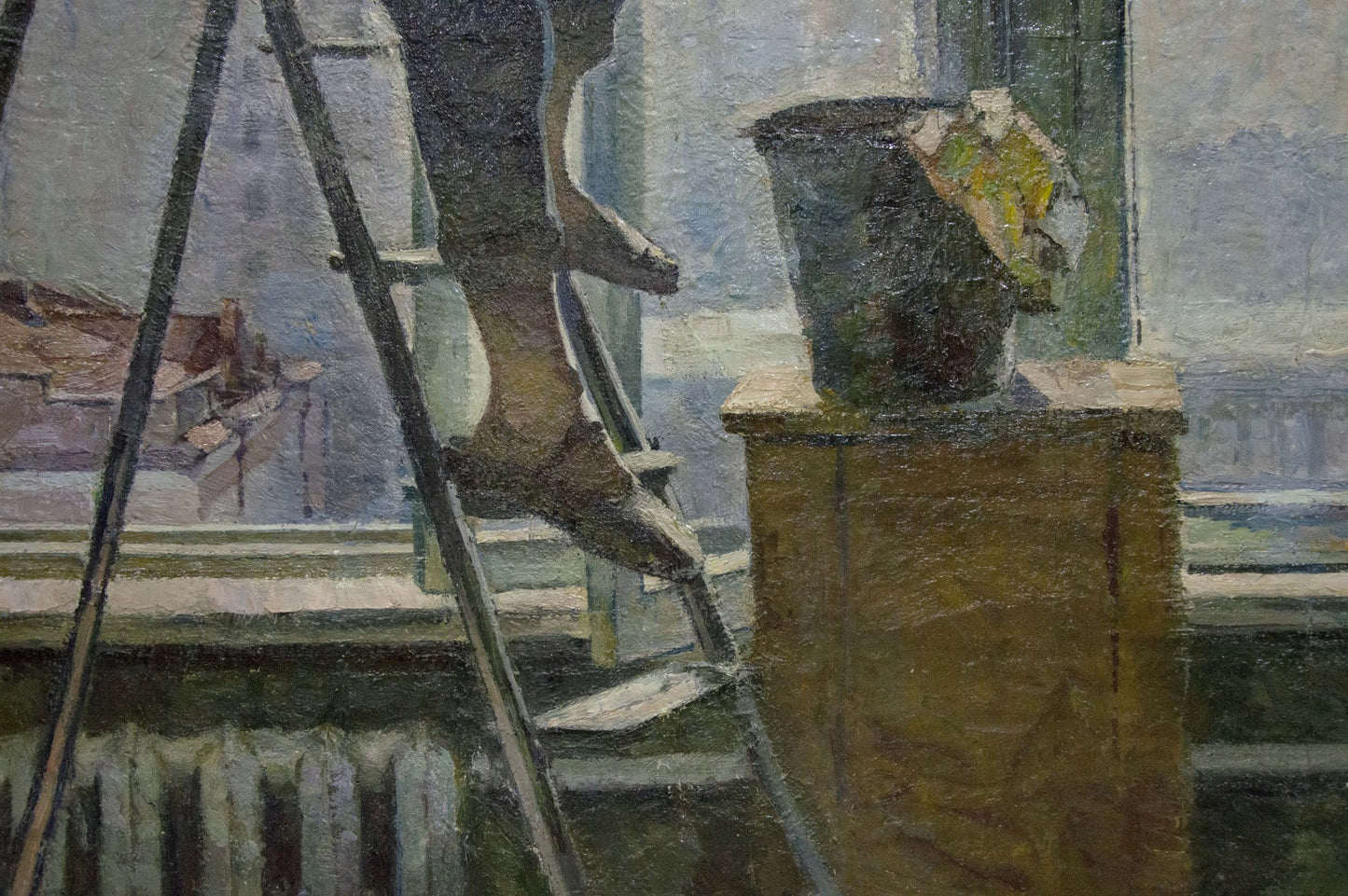 Oil painting Girl washes a window: dark green textured bucket with yellowish cloth on wooden pedestal