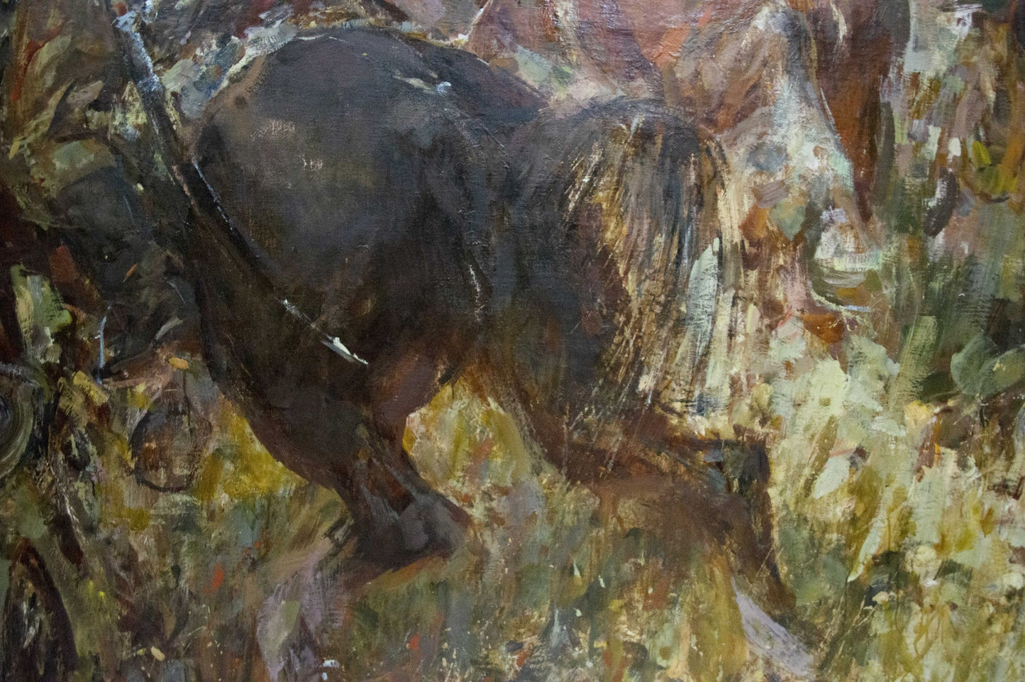 Dark textured oil painting of horse in motion by Mikhail Stepanovich Rybnikov