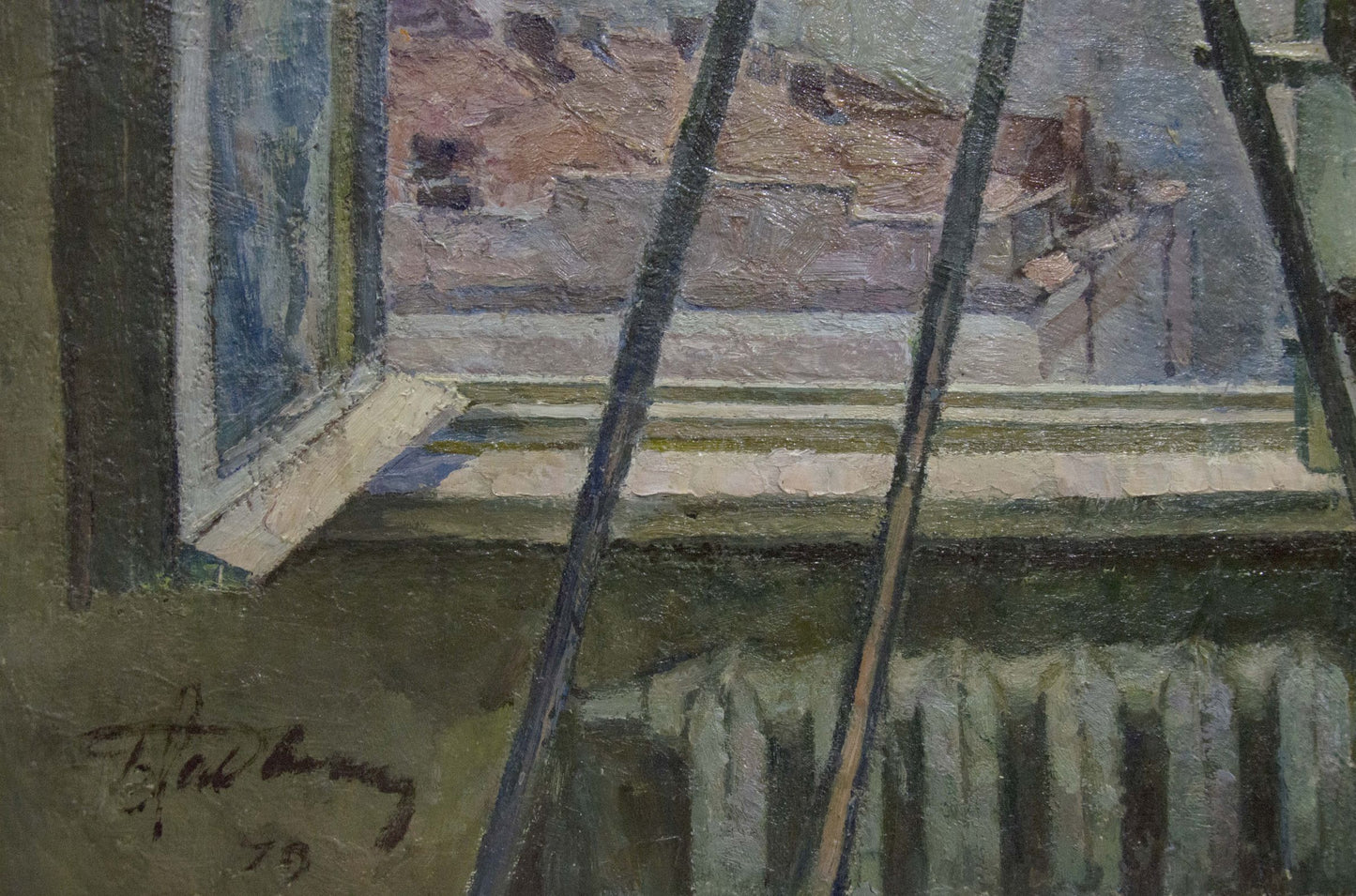 Impressionistic oil painting of girl washing window with rooftops view