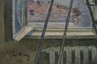 Impressionistic oil painting of girl washing window with rooftops view