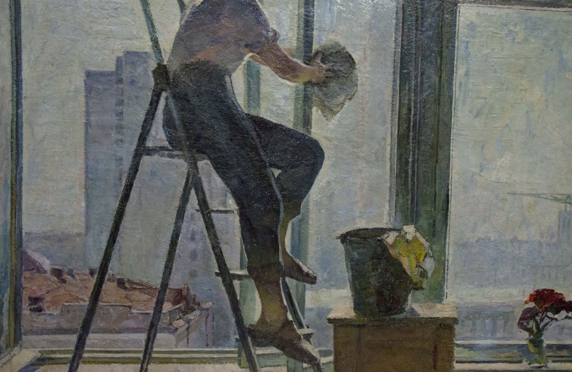 Man on ladder washing window in oil painting Girl washes a window