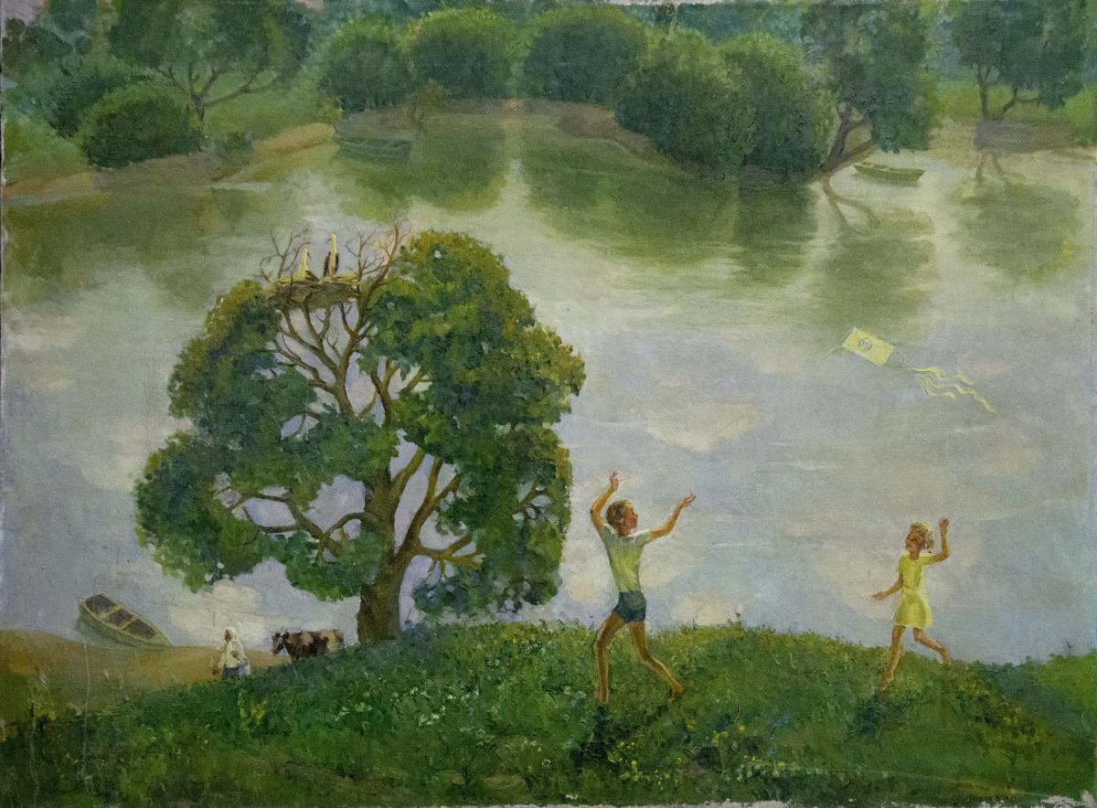 Serene oil painting of children by pond flying yellow kite amid lush trees