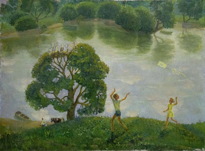 Serene oil painting of children by pond flying yellow kite amid lush trees