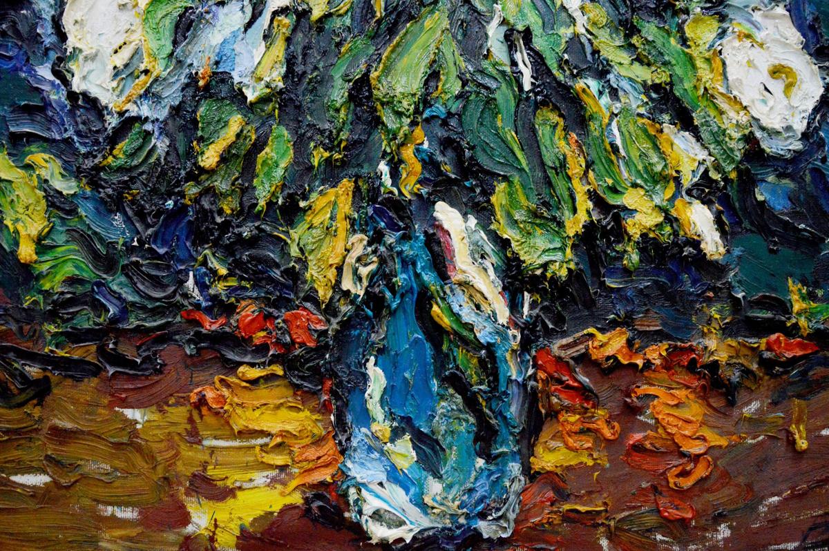 Oil painting Flowers in the dark by Sergey Dupliy: vibrant blue vase with lush green yellow leaves