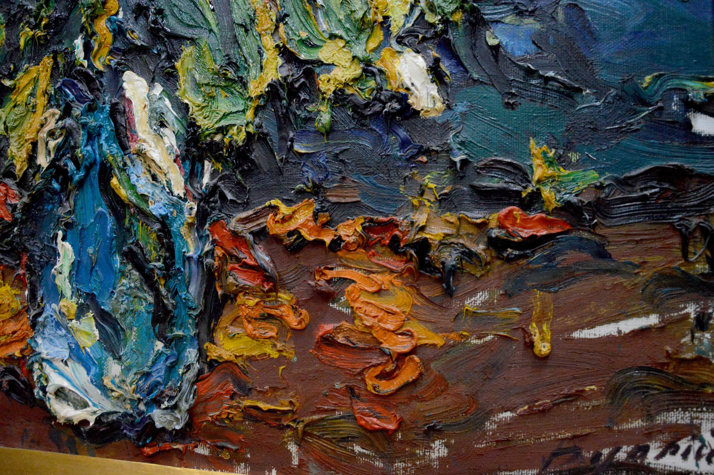 Oil painting Flowers in the dark by Sergey Dupliy, vibrant impasto textures