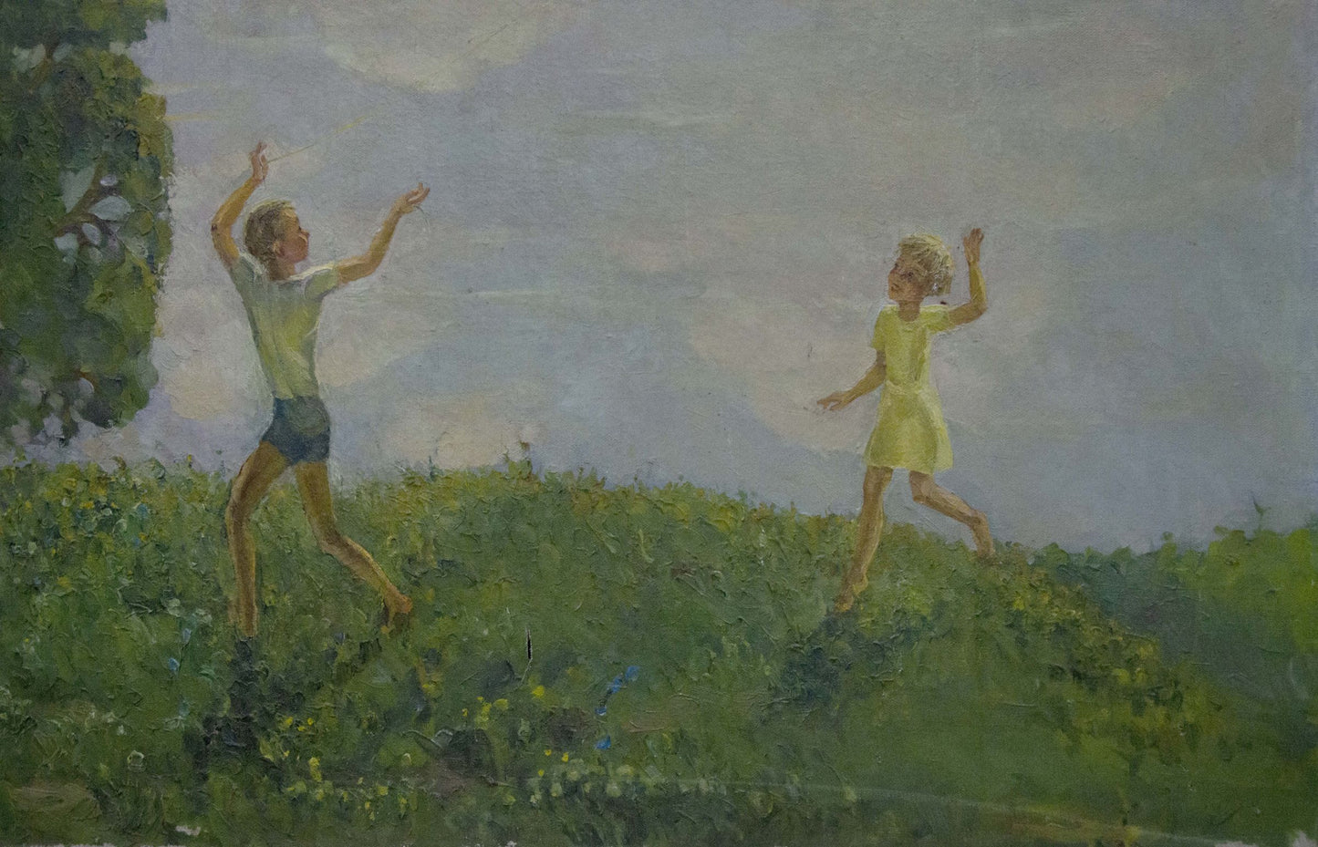 Oil painting of children leaping in sunlit meadow by pond