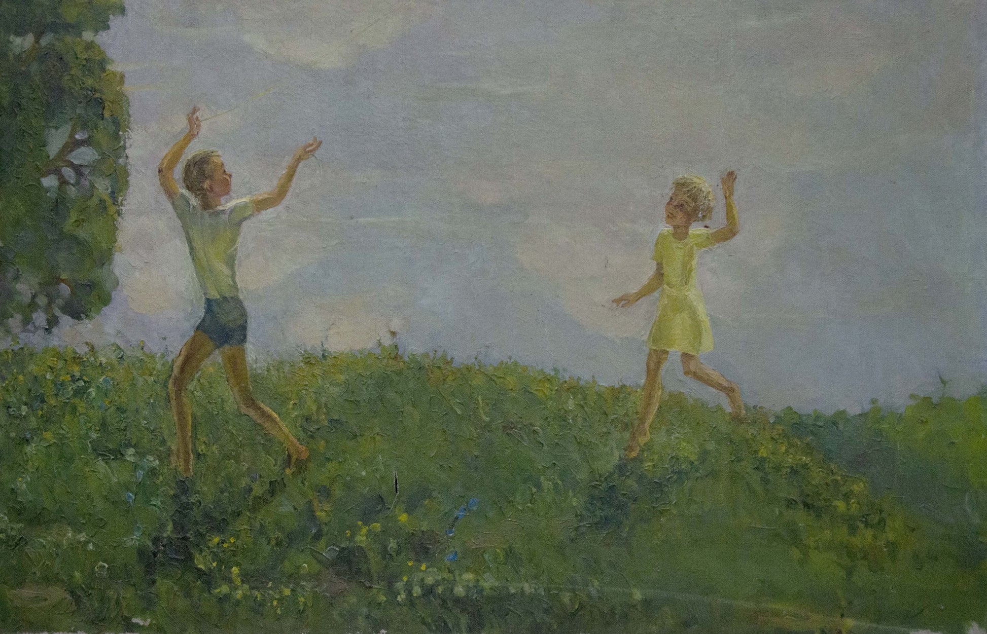 Oil painting of children leaping in sunlit meadow by pond
