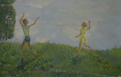 Oil painting of children leaping in sunlit meadow by pond