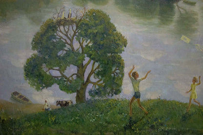 Oil painting of lush green tree with birds nest atop branches by pond