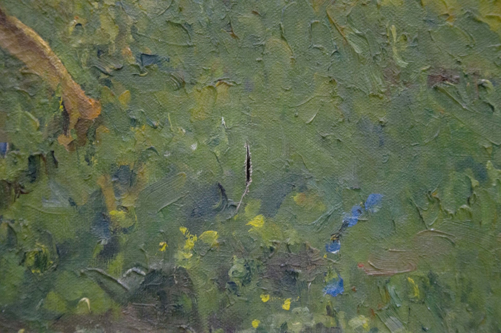 Oil painting Children walk by the pond textured green canvas with brushstrokes