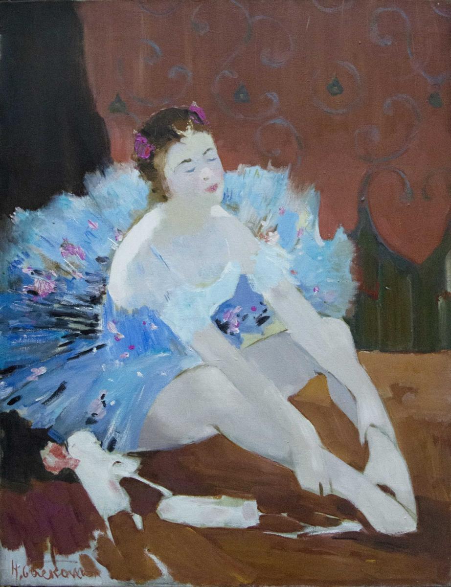 Impressionistic oil painting of ballerina in soft blue tutu with floral accents by Baskakov N. N