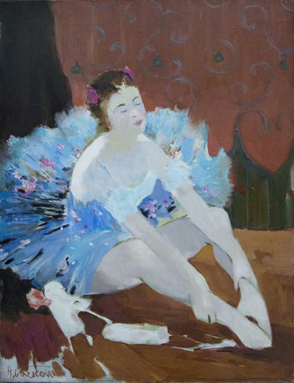 Impressionistic oil painting of ballerina in soft blue tutu with floral accents by Baskakov N. N