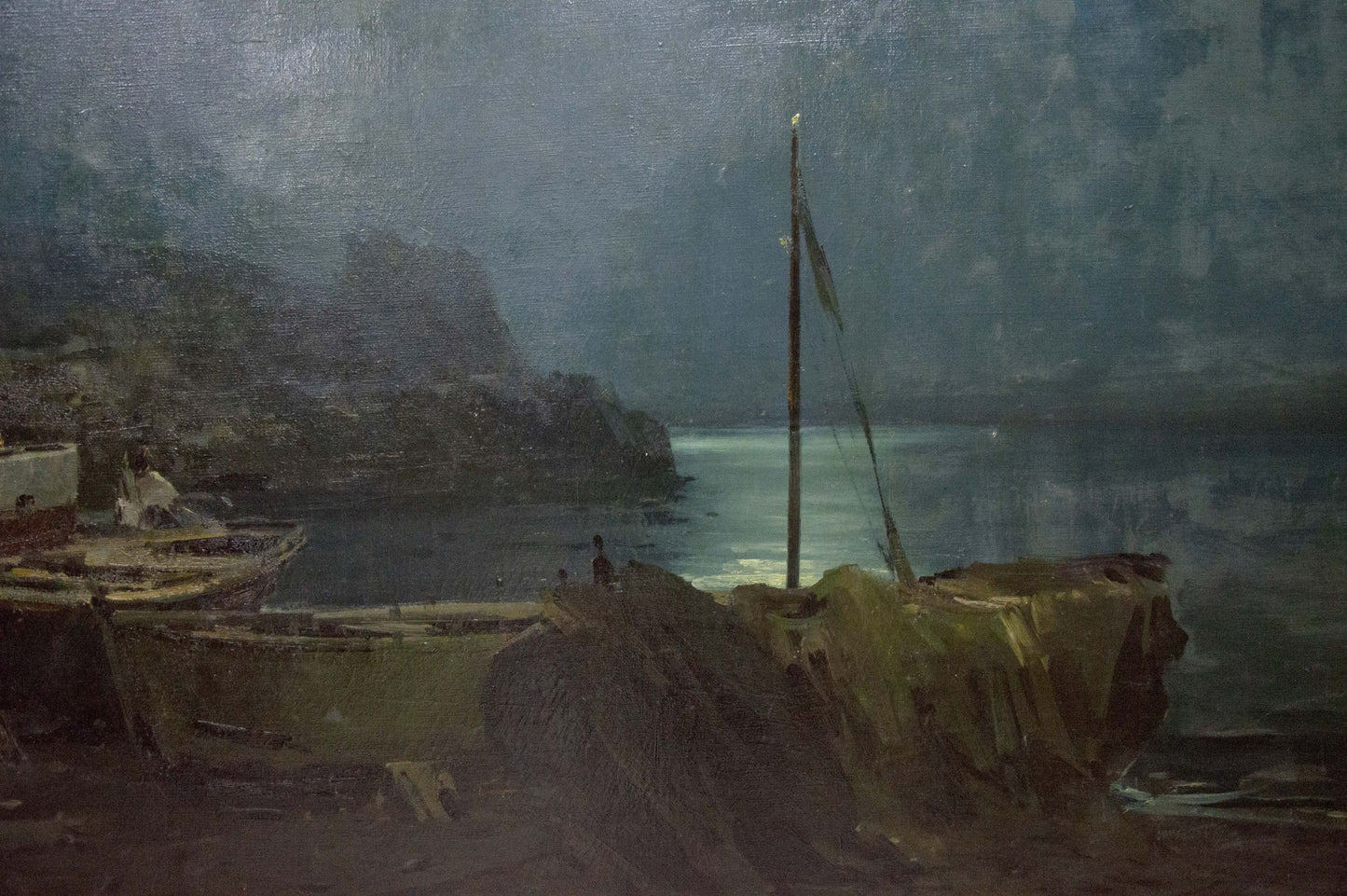 Oil painting of weathered boat on shore by Zakharov Fedor Zakharovich