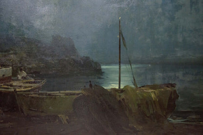 Oil painting of weathered boat on shore by Zakharov Fedor Zakharovich