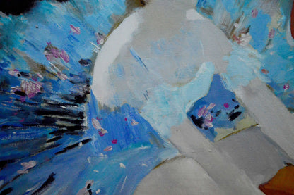 Oil painting of white ballerina portrait by Baskakov N. N. with blue pink brushstrokes