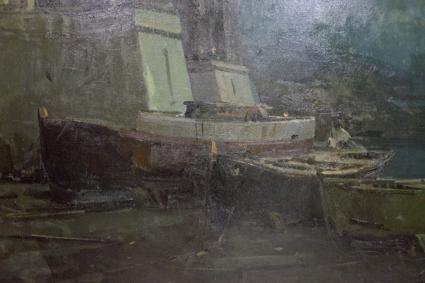 Oil painting Night landscape by Zakharov Fedor Zakharovich, dark boat in harbor