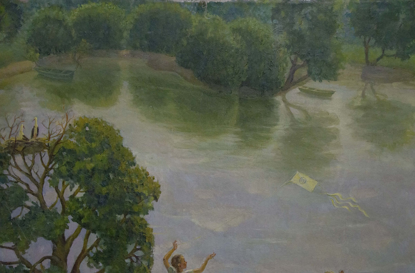 Yellow kite with circular emblem floats above pond in childrens oil painting