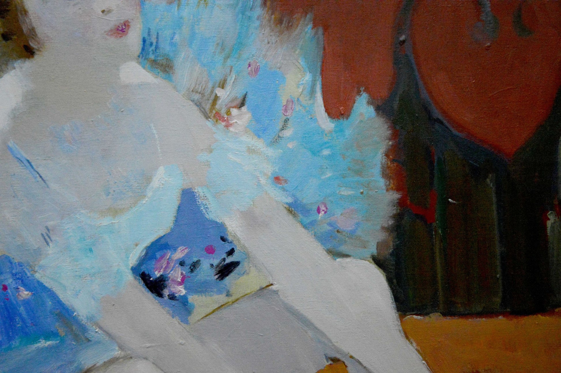Oil painting of ballerina portrait by Baskakov N. N. with bold white, blue, orange strokes