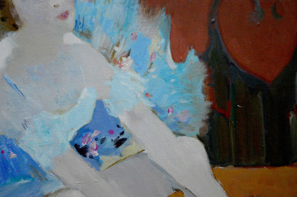Oil painting of ballerina portrait by Baskakov N. N. with bold white, blue, orange strokes