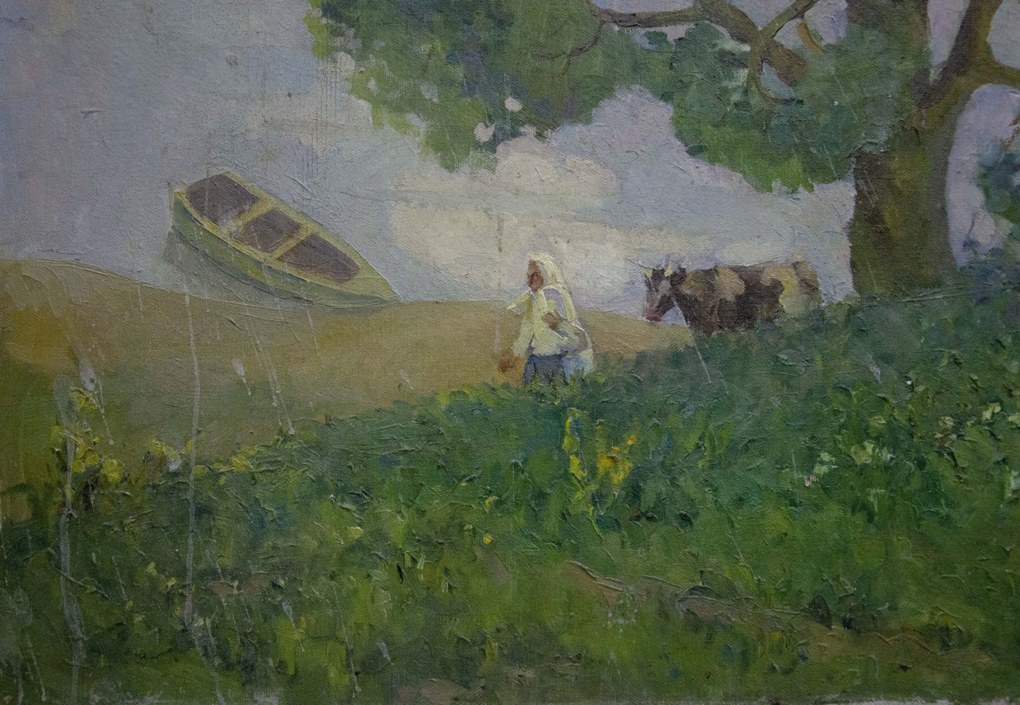 Rustic oil painting of woman and child walking by pond with cow in green fields